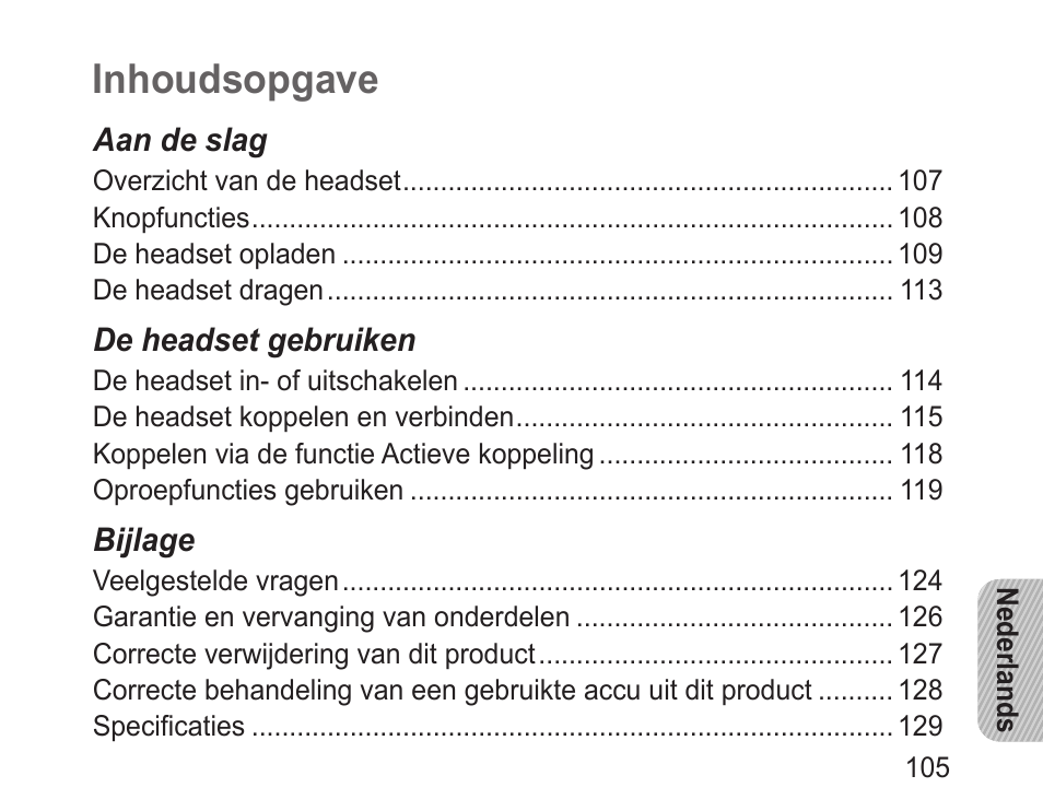 Nederlands, Inhoudsopgave | Samsung BHM3100 User Manual | Page 107 / 133