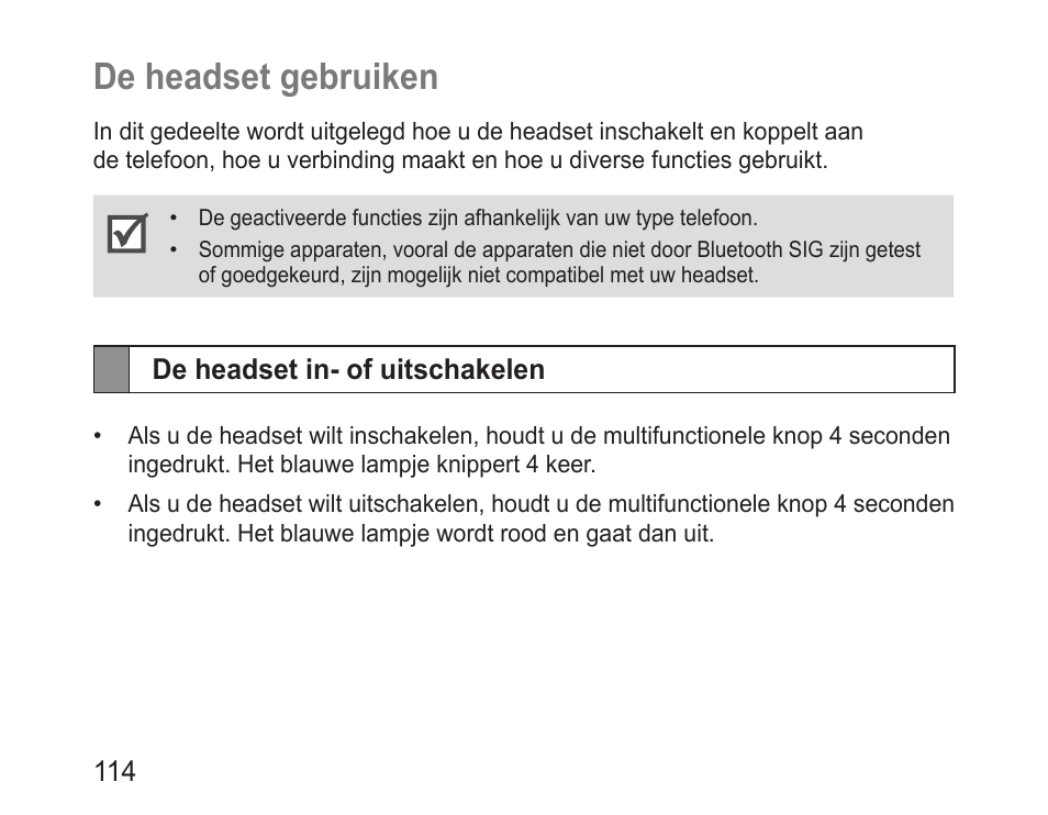 De headset gebruiken, De headset in- of uitschakelen, De.headset.gebruiken | Samsung BHM3100 User Manual | Page 116 / 133