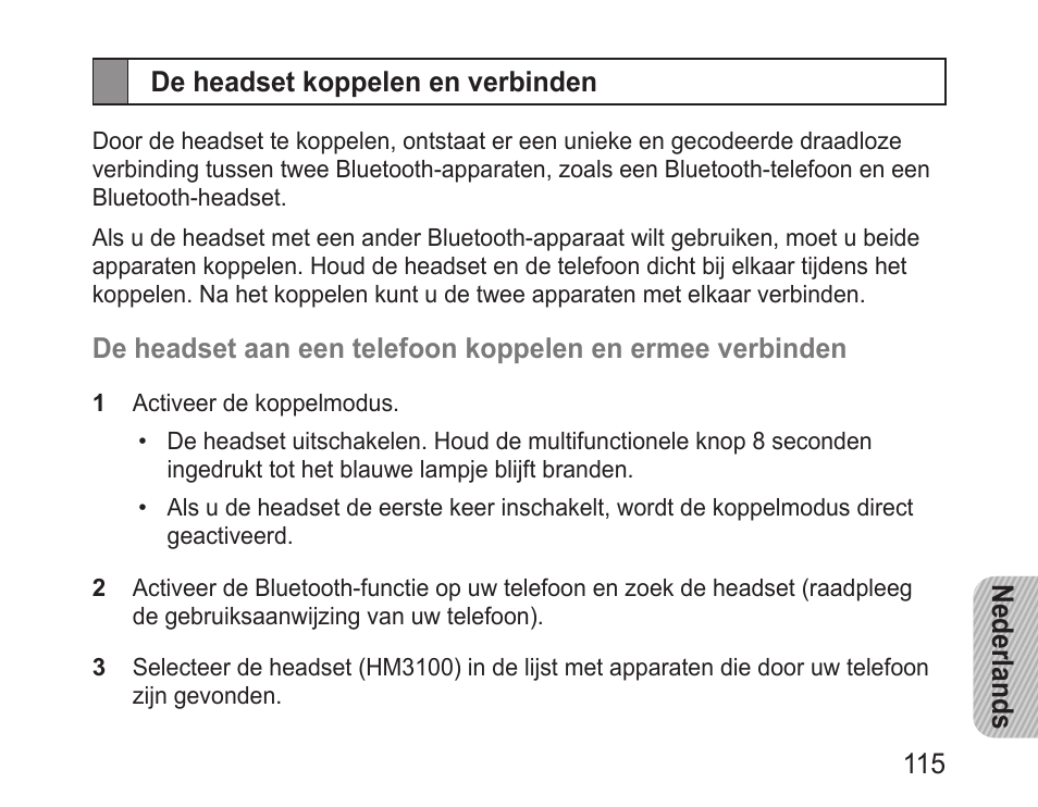 De headset koppelen en verbinden | Samsung BHM3100 User Manual | Page 117 / 133