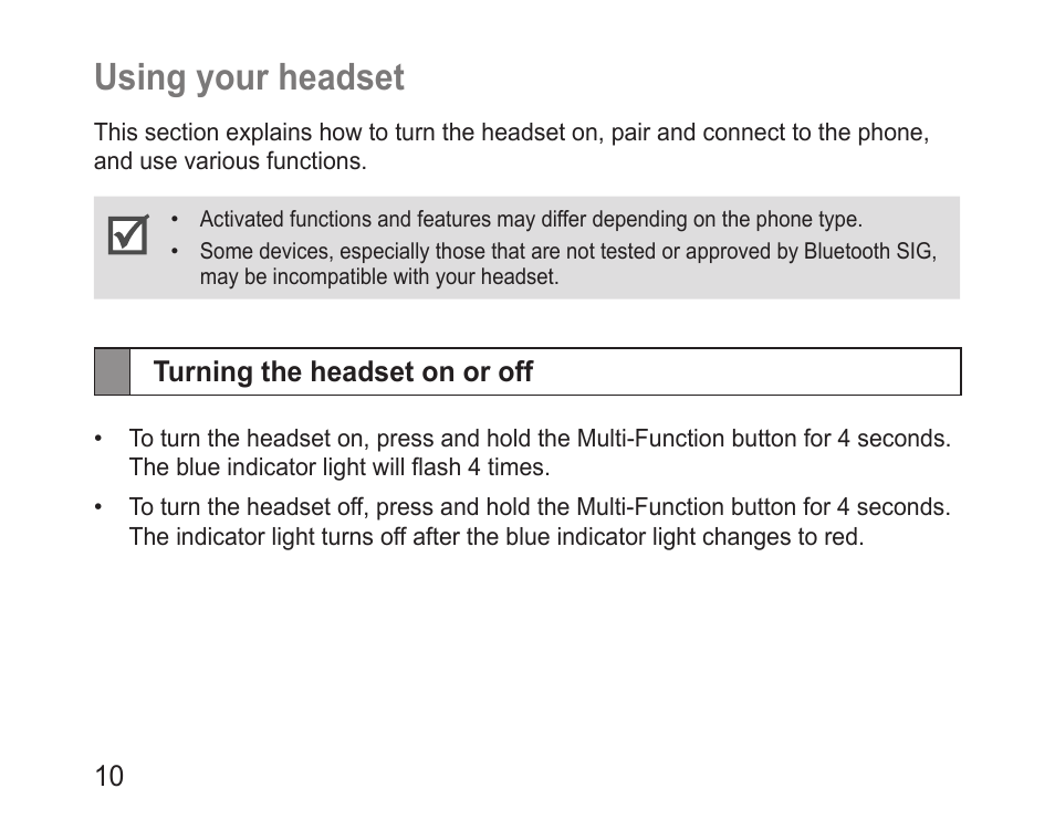 Using your headset, Turning the headset on or off, Using.your.headset | Samsung BHM3100 User Manual | Page 12 / 133