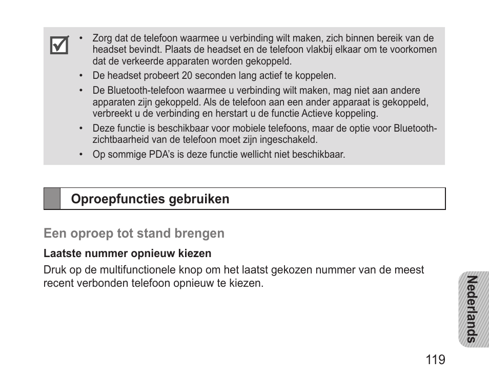Oproepfuncties gebruiken, Nederlands 119 | Samsung BHM3100 User Manual | Page 121 / 133