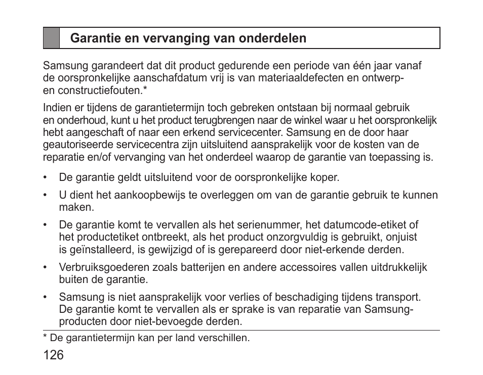 Garantie en vervanging van onderdelen | Samsung BHM3100 User Manual | Page 128 / 133