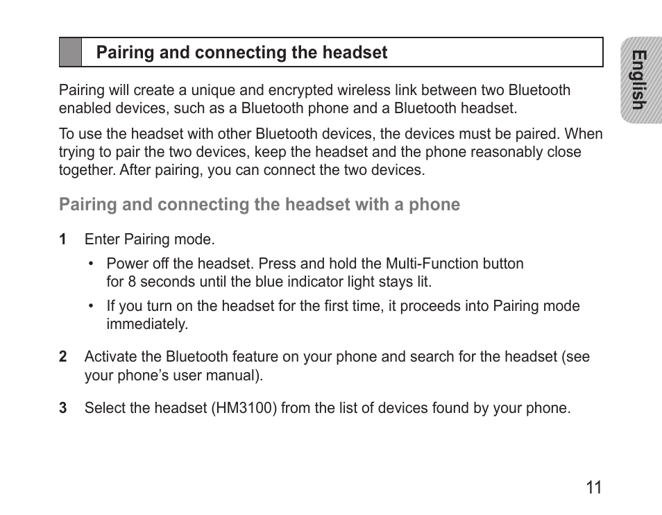 Pairing and connecting the headset | Samsung BHM3100 User Manual | Page 13 / 133