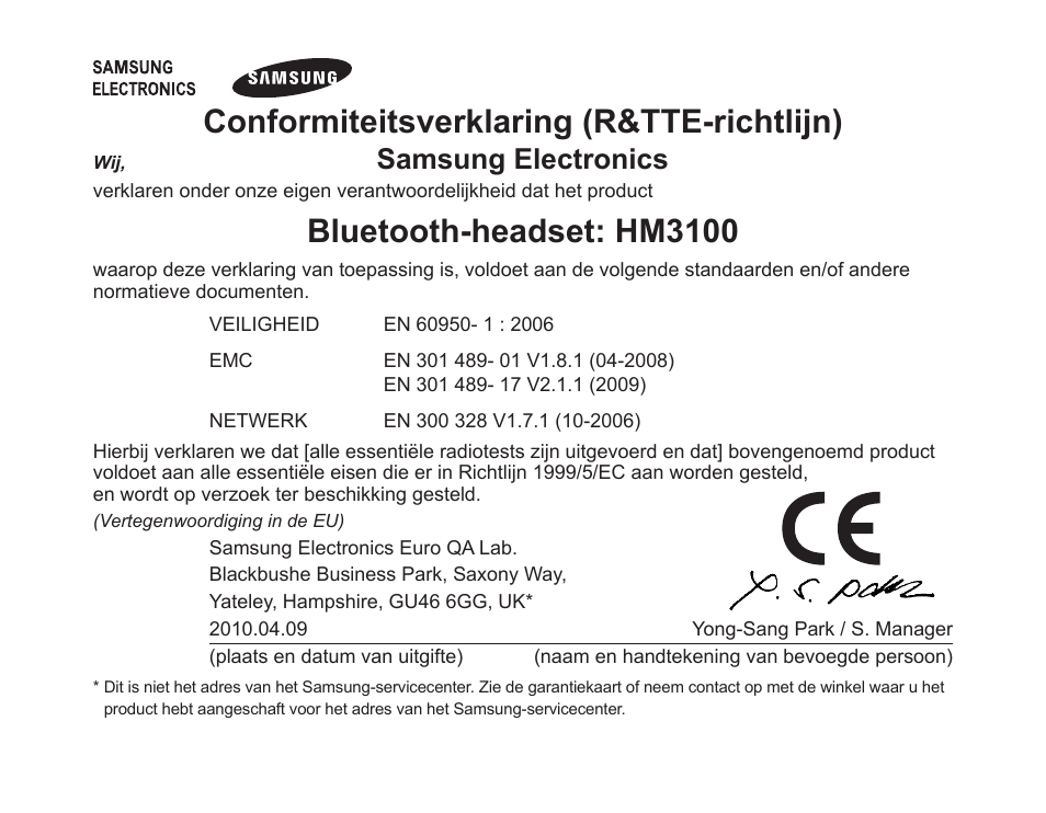 Conformiteitsverklaring.(r&tte-richtlijn), Bluetooth-headset:.hm3100, Samsung.electronics | Samsung BHM3100 User Manual | Page 132 / 133