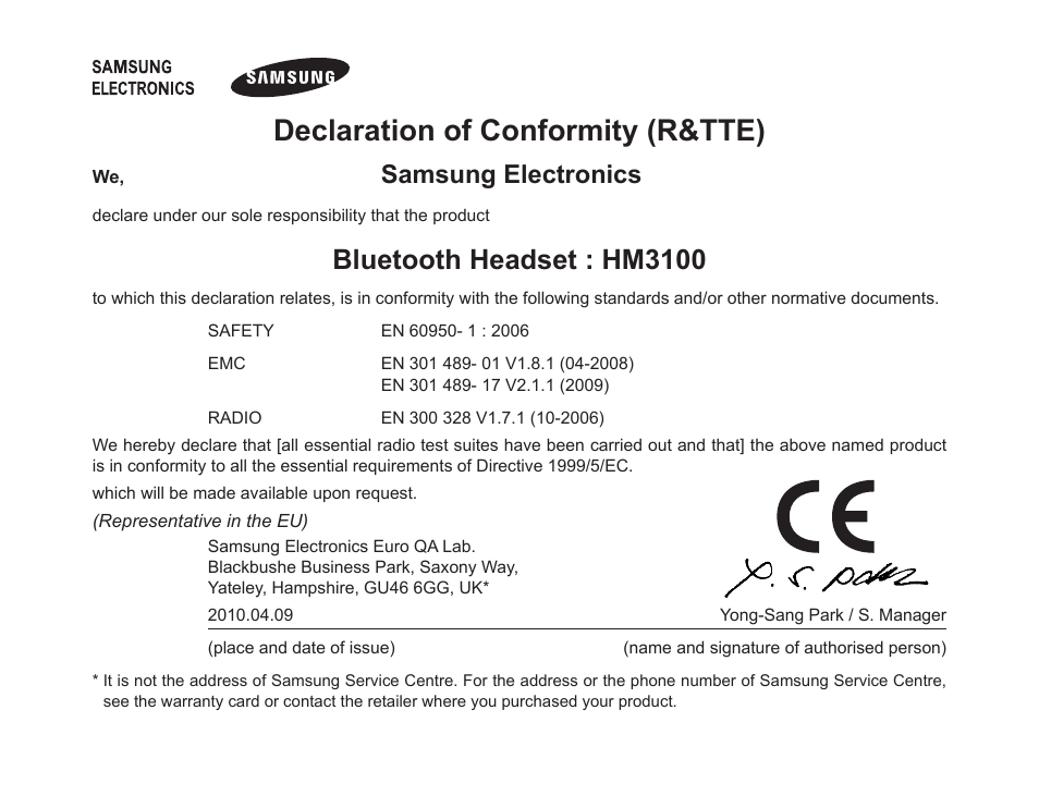 Declaration.of.conformity.(r&tte), Bluetooth.headset.:.hm3100, Samsung.electronics | Samsung BHM3100 User Manual | Page 28 / 133