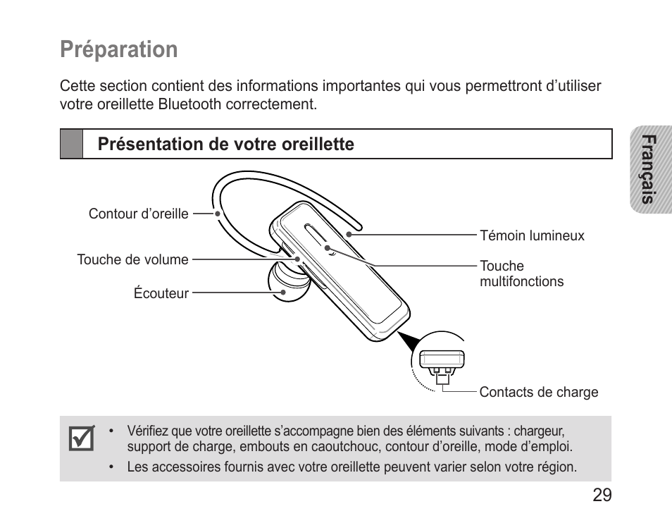 Préparation, Présentation de votre oreillette | Samsung BHM3100 User Manual | Page 31 / 133