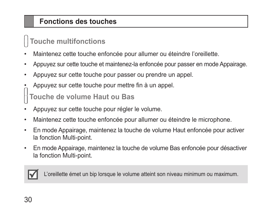 Fonctions des touches | Samsung BHM3100 User Manual | Page 32 / 133