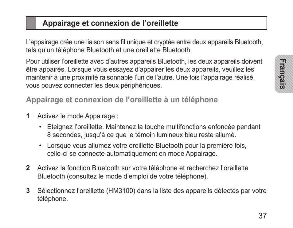 Appairage et connexion de l’oreillette | Samsung BHM3100 User Manual | Page 39 / 133