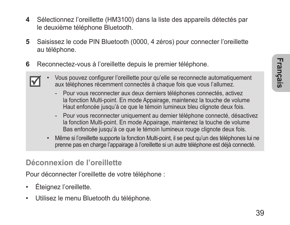 Français 39, Déconnexion.de.l’oreillette | Samsung BHM3100 User Manual | Page 41 / 133