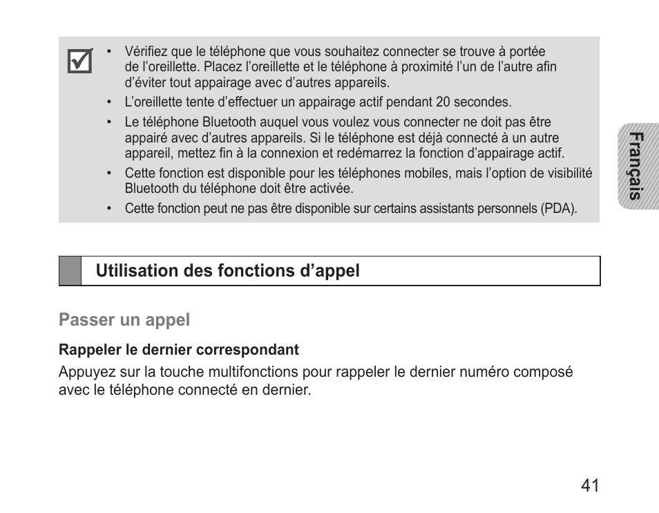 Utilisation des fonctions d’appel, Français 41, Utilisation.des.fonctions.d’appel passer.un.appel | Samsung BHM3100 User Manual | Page 43 / 133