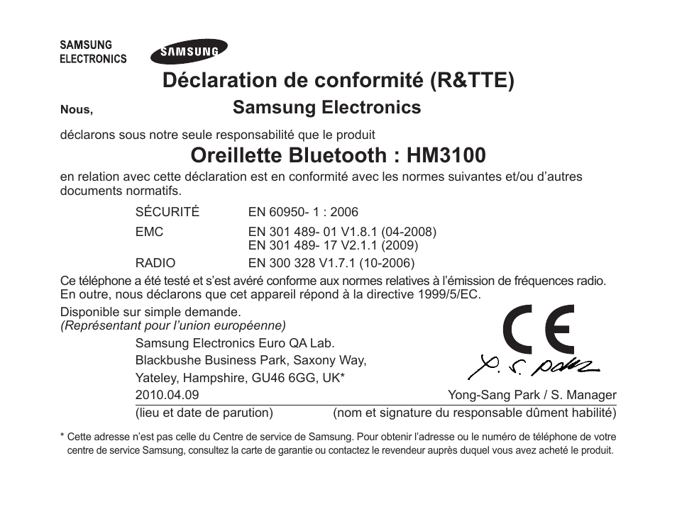 Déclaration.de.conformité.(r&tte), Oreillette.bluetooth.:.hm3100, Samsung.electronics | Samsung BHM3100 User Manual | Page 54 / 133