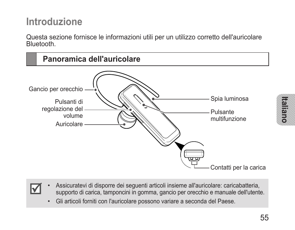 Introduzione, Panoramica dell'auricolare | Samsung BHM3100 User Manual | Page 57 / 133