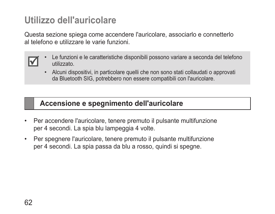 Utilizzo dell'auricolare, Accensione e spegnimento dell'auricolare, Utilizzo.dell'auricolare | Samsung BHM3100 User Manual | Page 64 / 133
