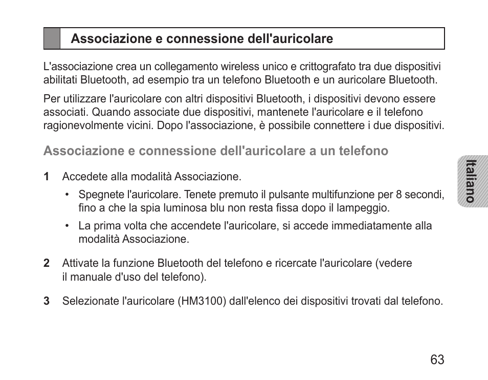 Associazione e connessione dell'auricolare | Samsung BHM3100 User Manual | Page 65 / 133