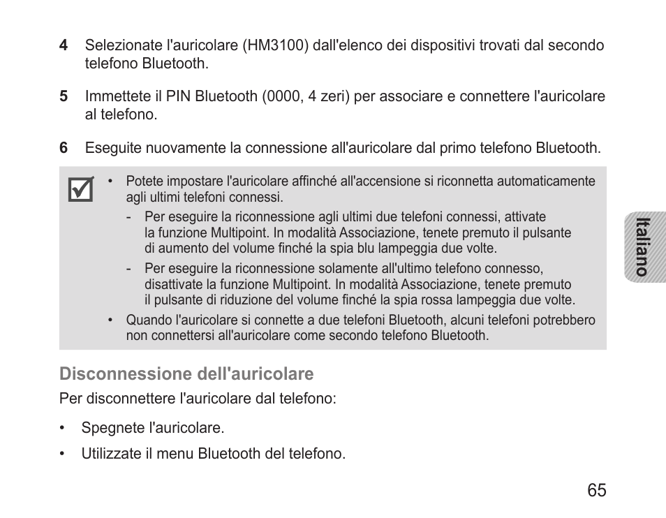 Italiano 65, Disconnessione.dell'auricolare | Samsung BHM3100 User Manual | Page 67 / 133