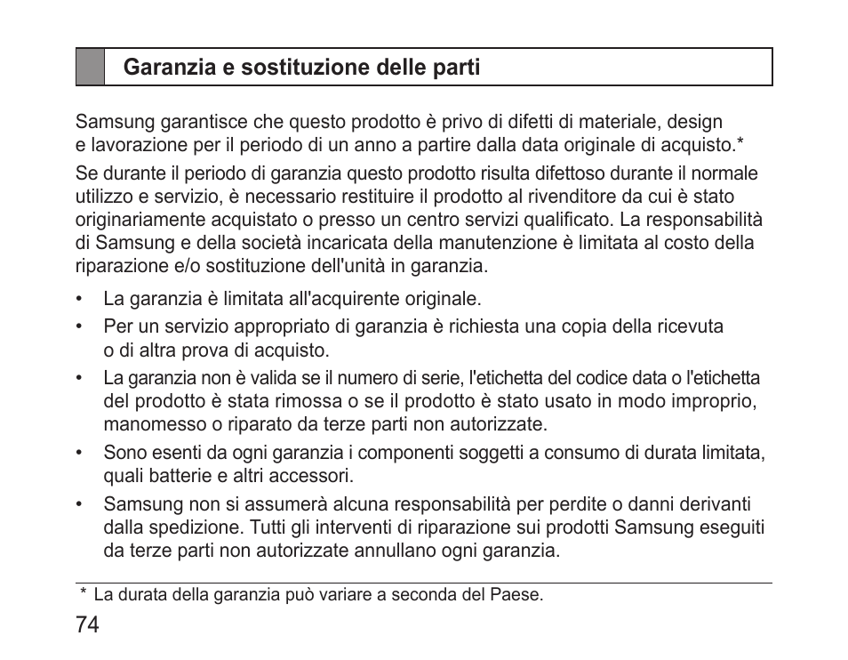 Garanzia e sostituzione delle parti | Samsung BHM3100 User Manual | Page 76 / 133