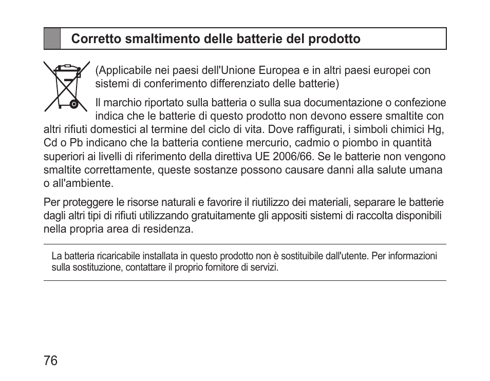 Corretto smaltimento delle batterie del prodotto | Samsung BHM3100 User Manual | Page 78 / 133