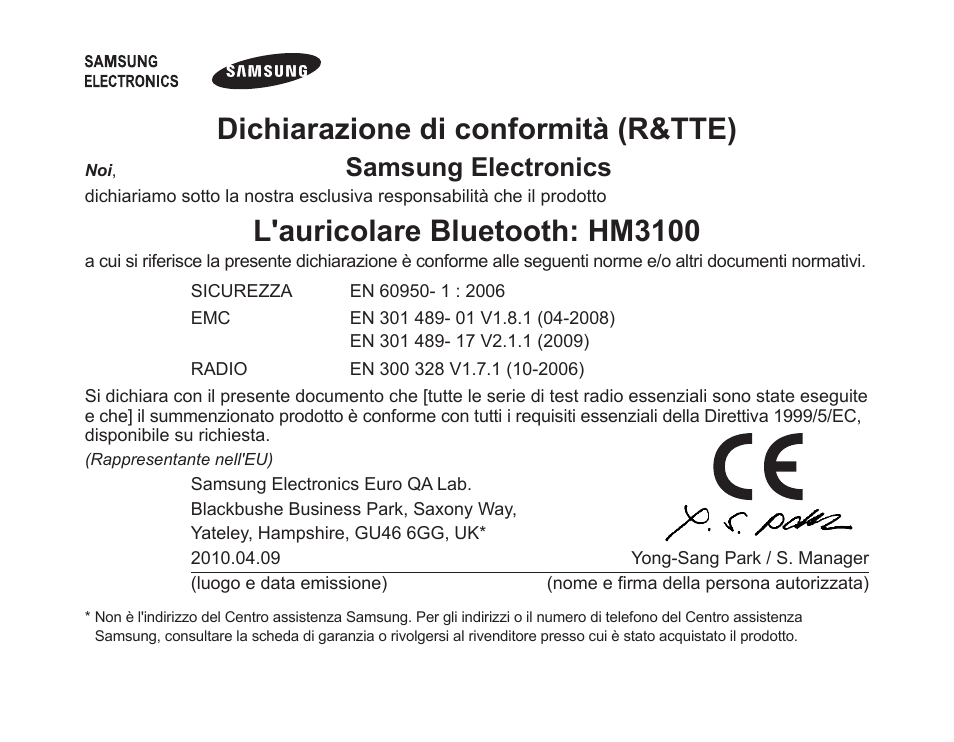 Dichiarazione.di.conformità.(r&tte), L'auricolare.bluetooth:.hm3100, Samsung.electronics | Samsung BHM3100 User Manual | Page 80 / 133