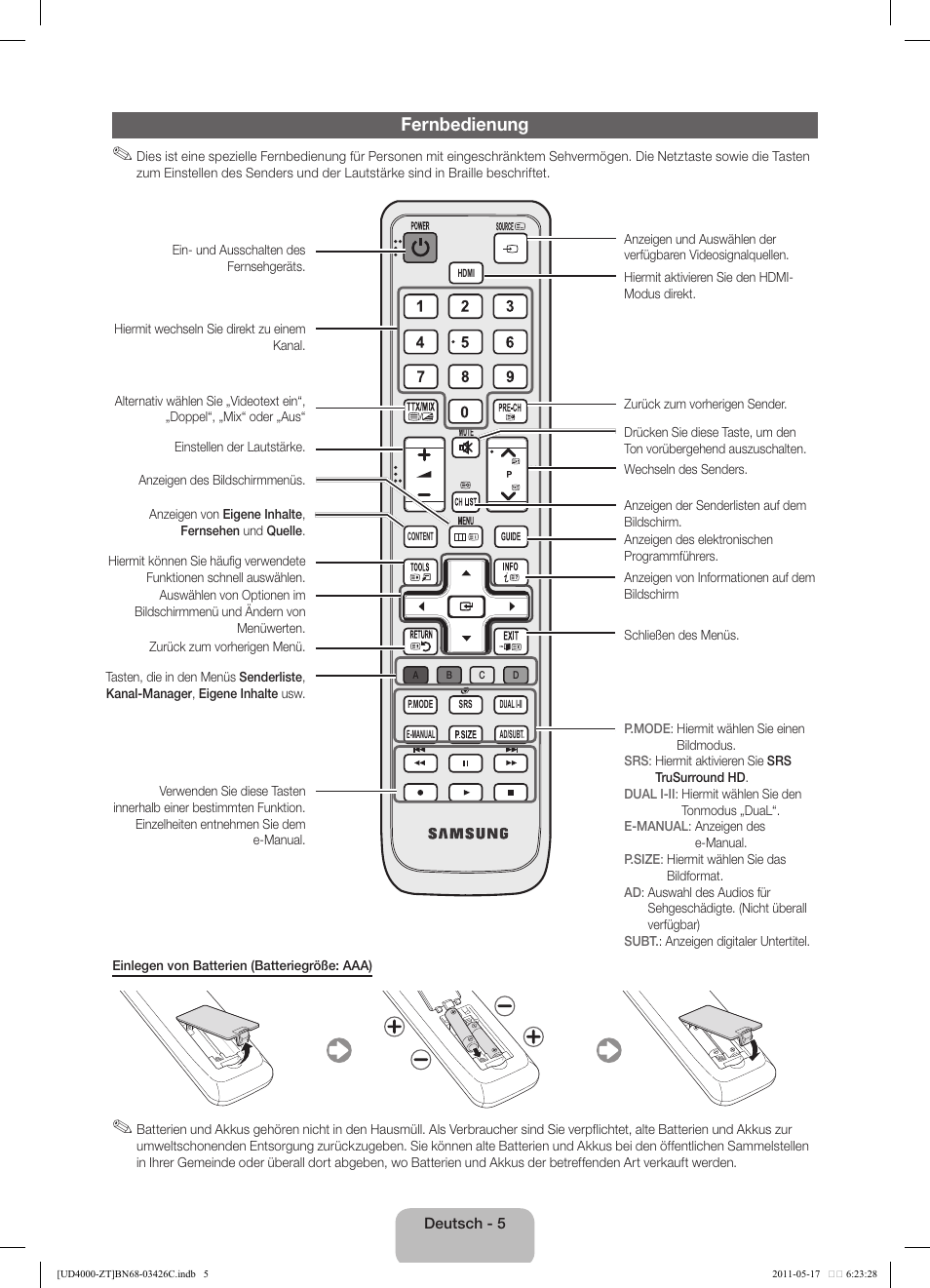 Fernbedienung | Samsung UE32D4020NW User Manual | Page 21 / 67