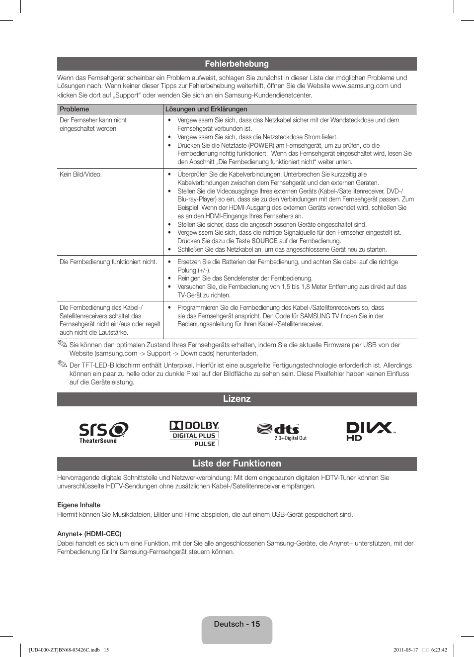 Lizenz liste der funktionen | Samsung UE32D4020NW User Manual | Page 31 / 67
