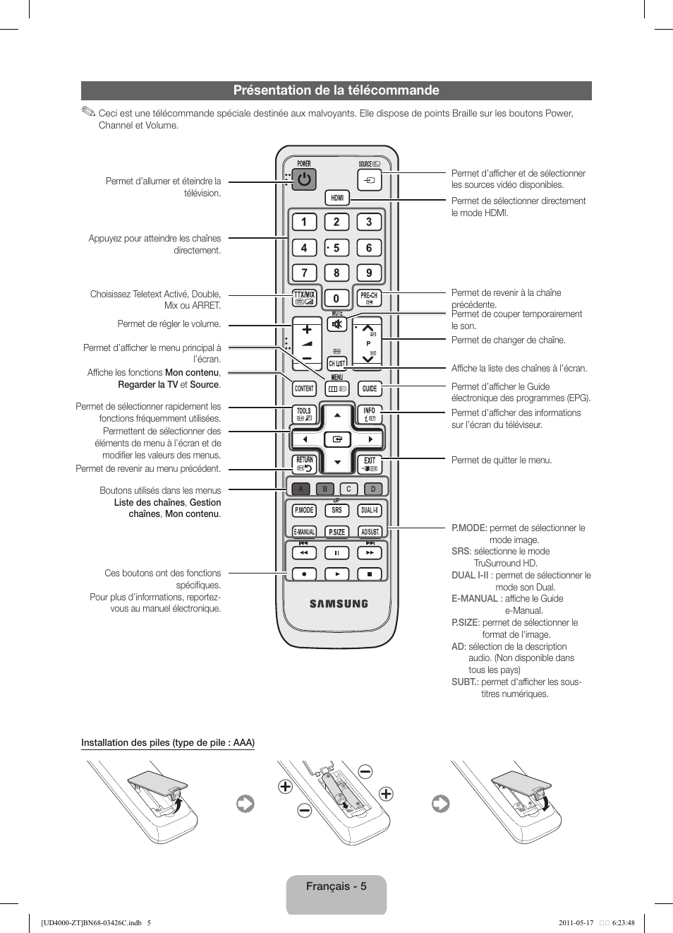 Présentation de la télécommande | Samsung UE32D4020NW User Manual | Page 37 / 67