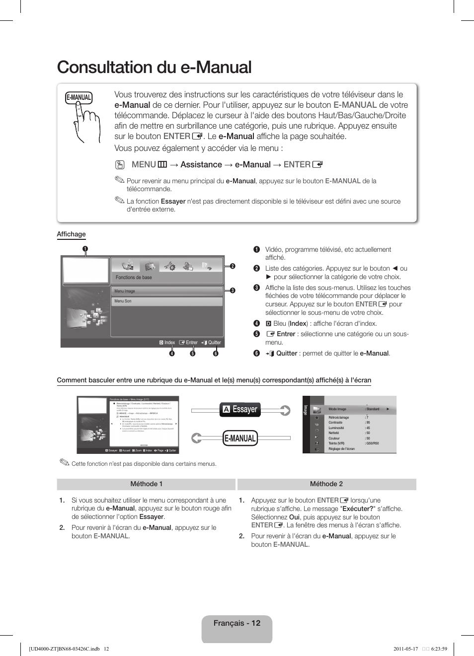 Consultation du e-manual, A essayer, E-manual | Menu m → assistance → e-manual → enter e | Samsung UE32D4020NW User Manual | Page 44 / 67