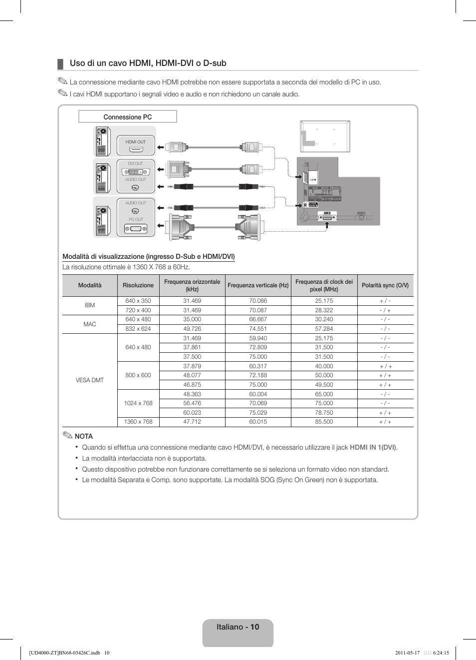 Uso di un cavo hdmi, hdmi-dvi o d-sub | Samsung UE32D4020NW User Manual | Page 58 / 67