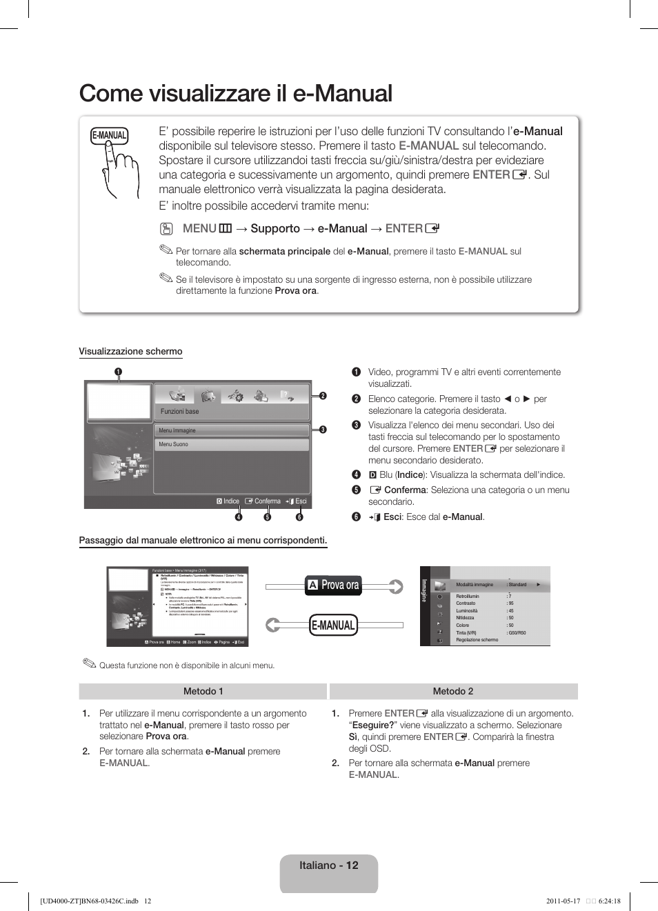 Come visualizzare il e-manual, A prova ora, E-manual | Menu m → supporto → e-manual → enter e | Samsung UE32D4020NW User Manual | Page 60 / 67