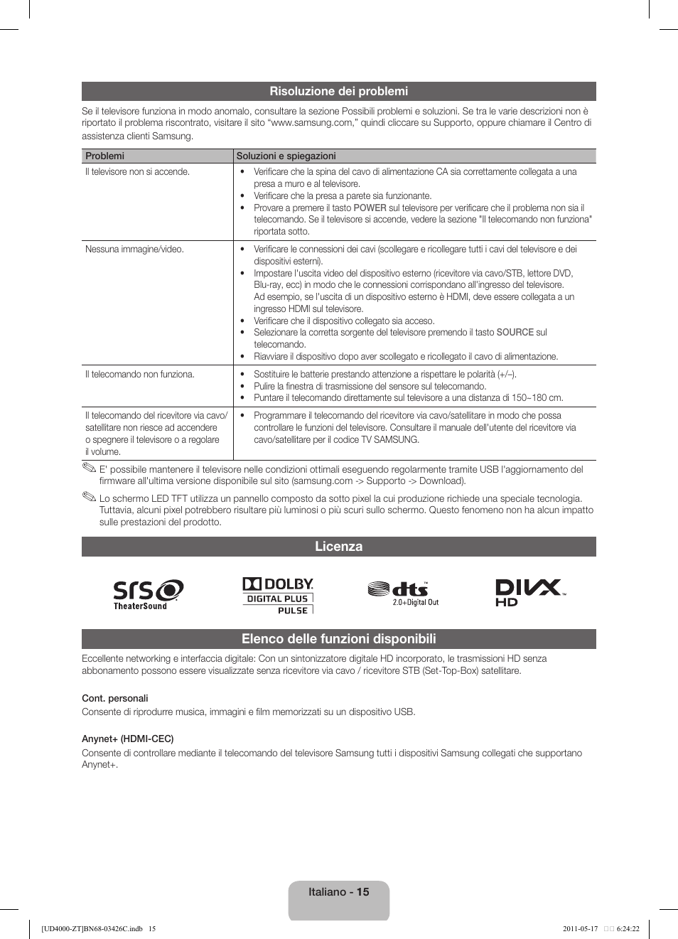 Licenza elenco delle funzioni disponibili | Samsung UE32D4020NW User Manual | Page 63 / 67