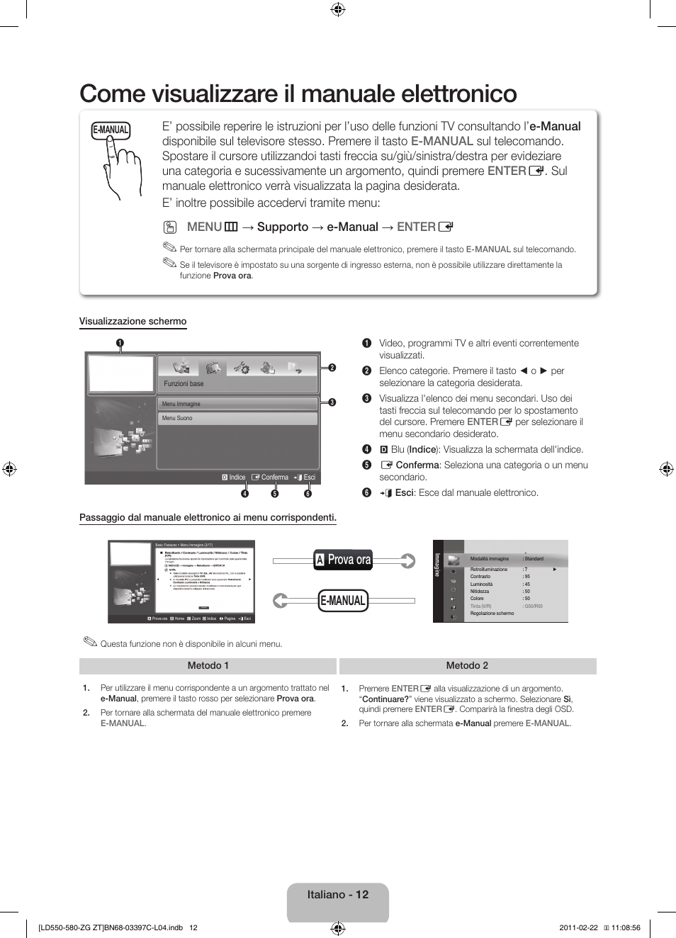 Come visualizzare il manuale elettronico, A prova ora, E-manual | Menu m → supporto → e-manual → enter e | Samsung LE37D550K1W User Manual | Page 60 / 67