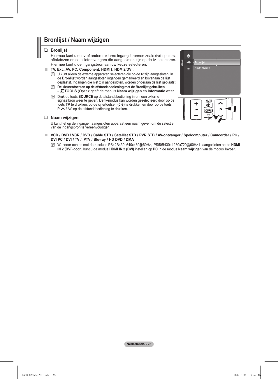 Bronlijst / naam wijzigen | Samsung PS50B430P2W User Manual | Page 118 / 283