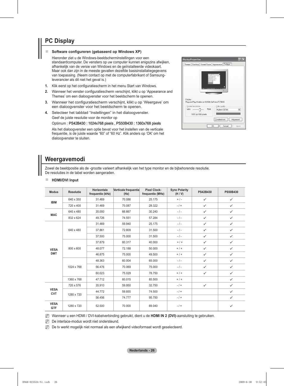 Pc display, Weergavemodi | Samsung PS50B430P2W User Manual | Page 119 / 283