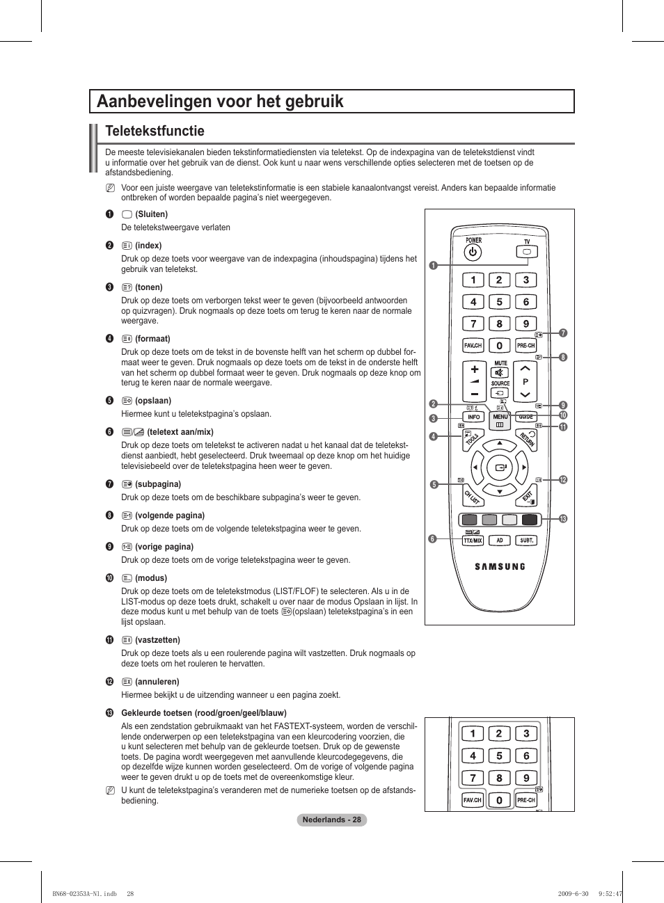 Aanbevelingen voor het gebruik, Teletekstfunctie | Samsung PS50B430P2W User Manual | Page 121 / 283