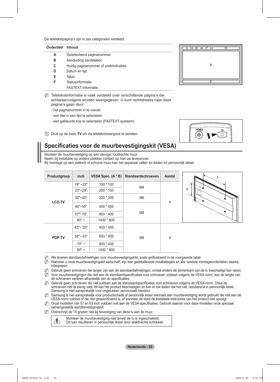 Specificaties voor de muurbevestigingskit (vesa) | Samsung PS50B430P2W User Manual | Page 122 / 283