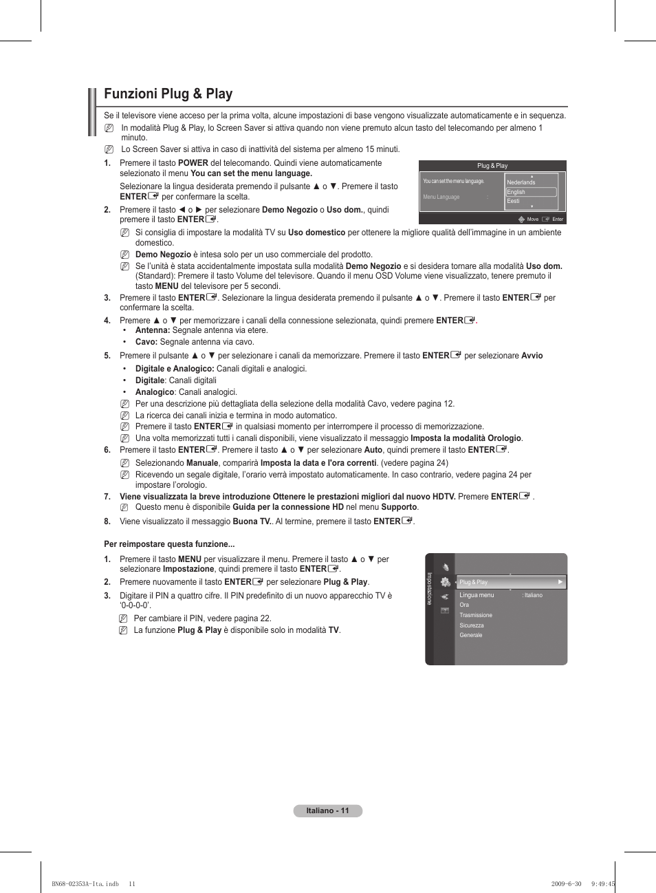 Funzioni plug & play | Samsung PS50B430P2W User Manual | Page 135 / 283