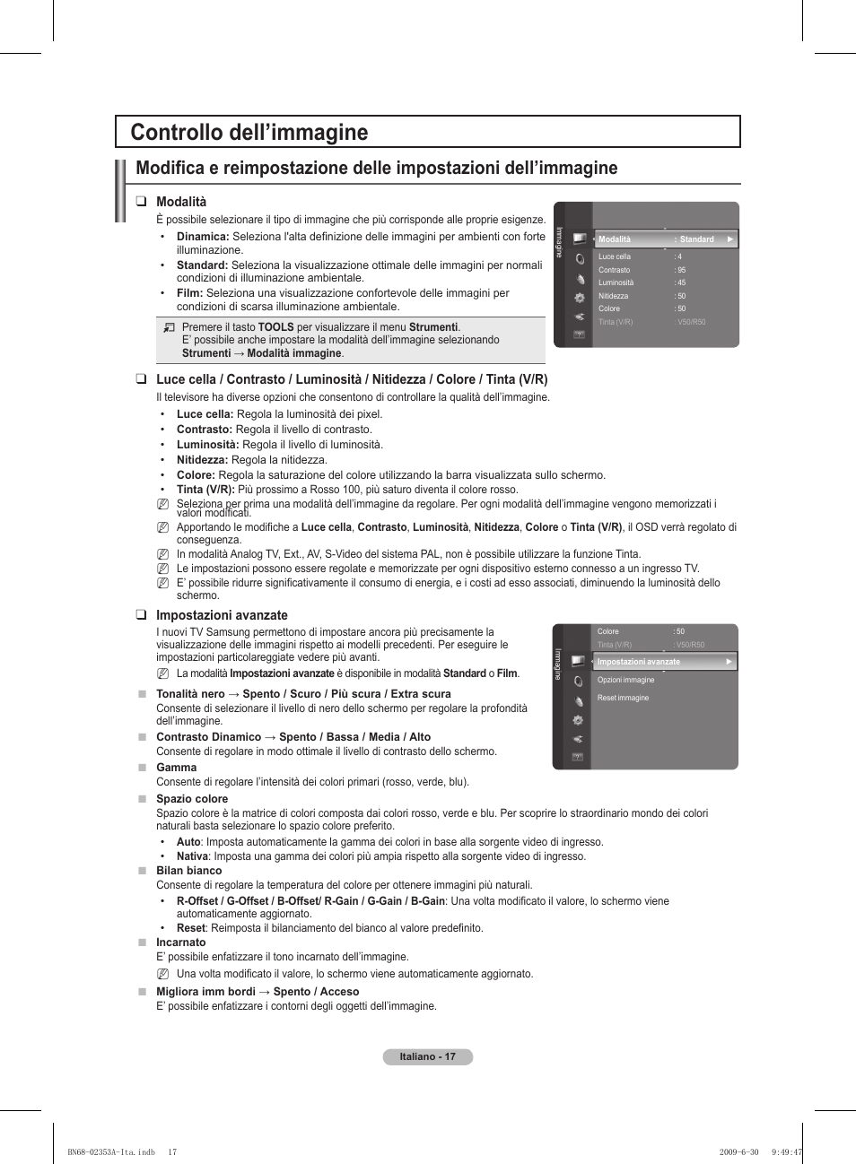 Controllo dell’immagine, Modalità, Impostazioni avanzate | Samsung PS50B430P2W User Manual | Page 141 / 283