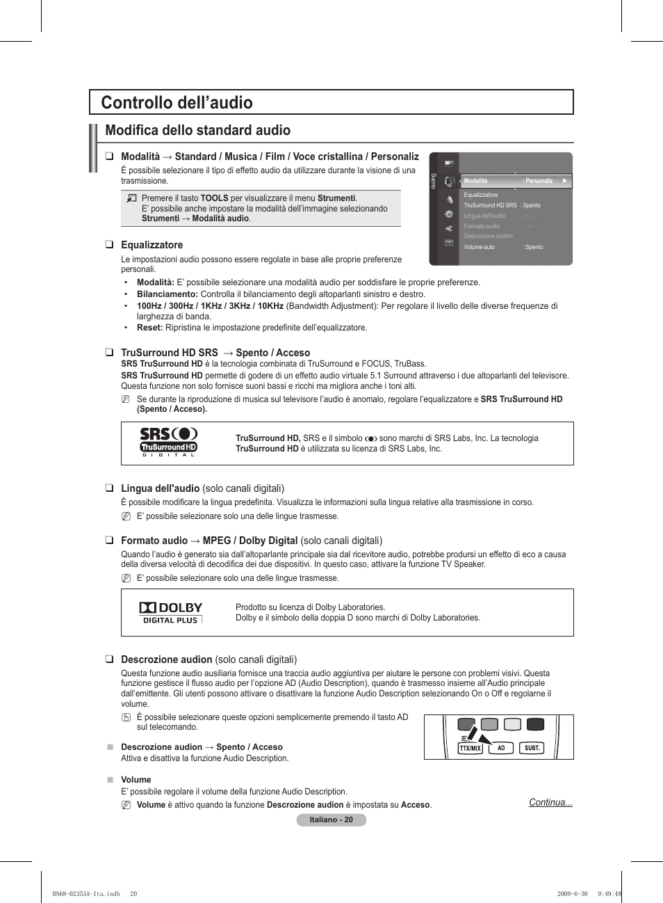 Controllo dell’audio, Modifica dello standard audio | Samsung PS50B430P2W User Manual | Page 144 / 283