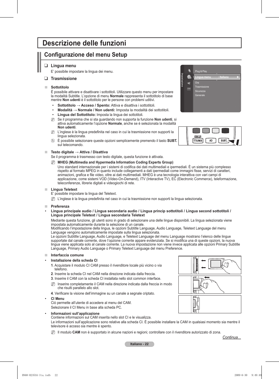 Descrizione delle funzioni, Configurazione del menu setup | Samsung PS50B430P2W User Manual | Page 146 / 283