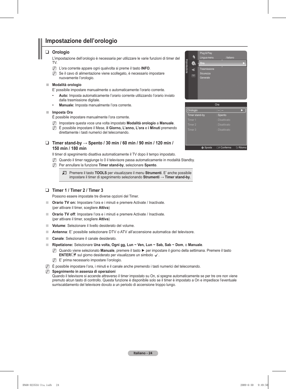 Impostazione dell’orologio, Orologio, Timer 1 / timer  / timer 3 | Samsung PS50B430P2W User Manual | Page 148 / 283
