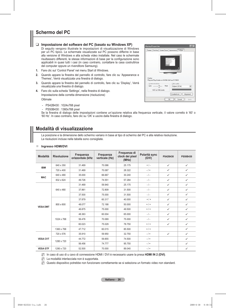 Modalità di visualizzazione, Schermo del pc | Samsung PS50B430P2W User Manual | Page 150 / 283