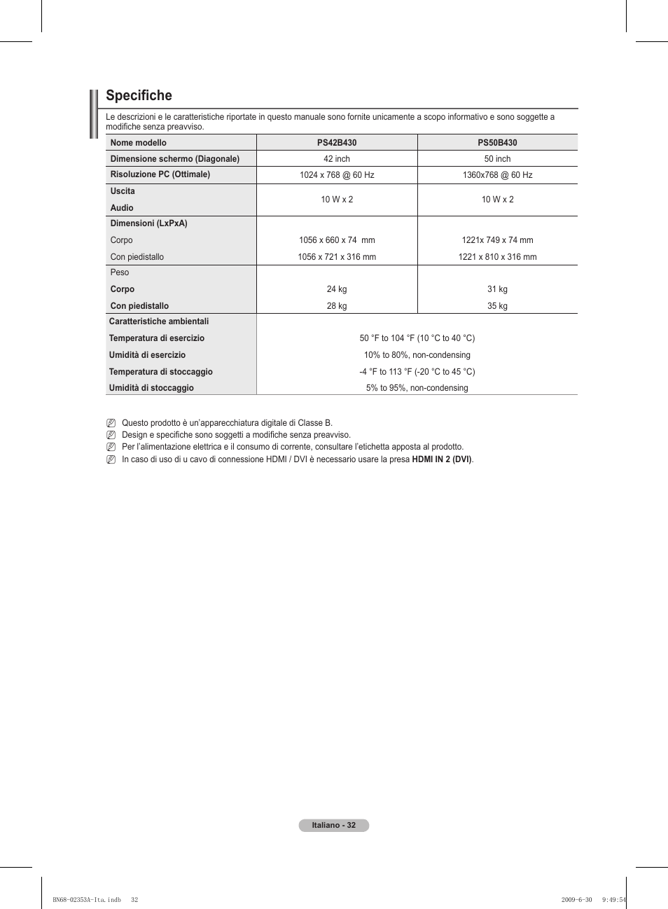 Specifiche | Samsung PS50B430P2W User Manual | Page 156 / 283