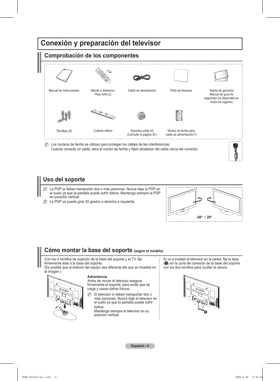 Conexión y preparación del televisor, Comprobación de los componentes, Uso del soporte | Cómo montar la base del soporte | Samsung PS50B430P2W User Manual | Page 160 / 283