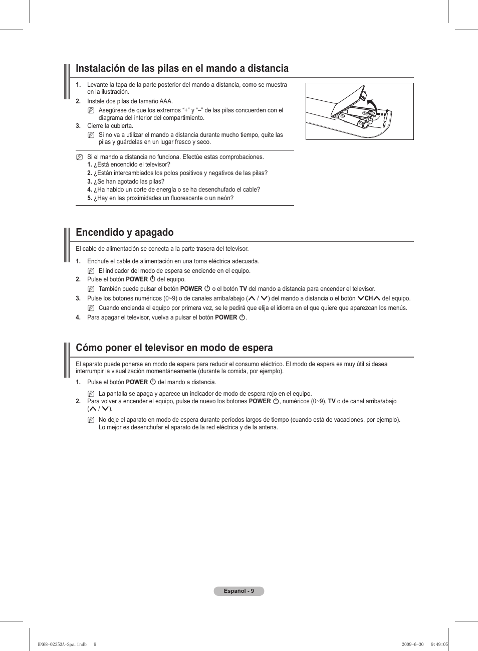 Instalación de las pilas en el mando a distancia, Encendido y apagado, Cómo poner el televisor en modo de espera | Samsung PS50B430P2W User Manual | Page 165 / 283