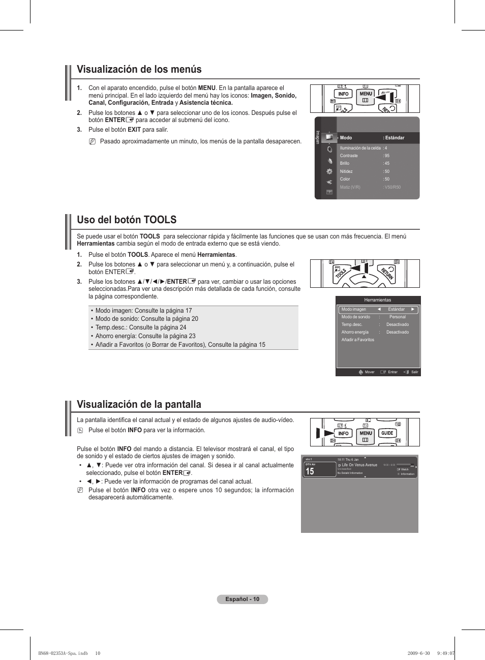 Visualización de la pantalla, Visualización de los menús, Uso del botón tools | Samsung PS50B430P2W User Manual | Page 166 / 283