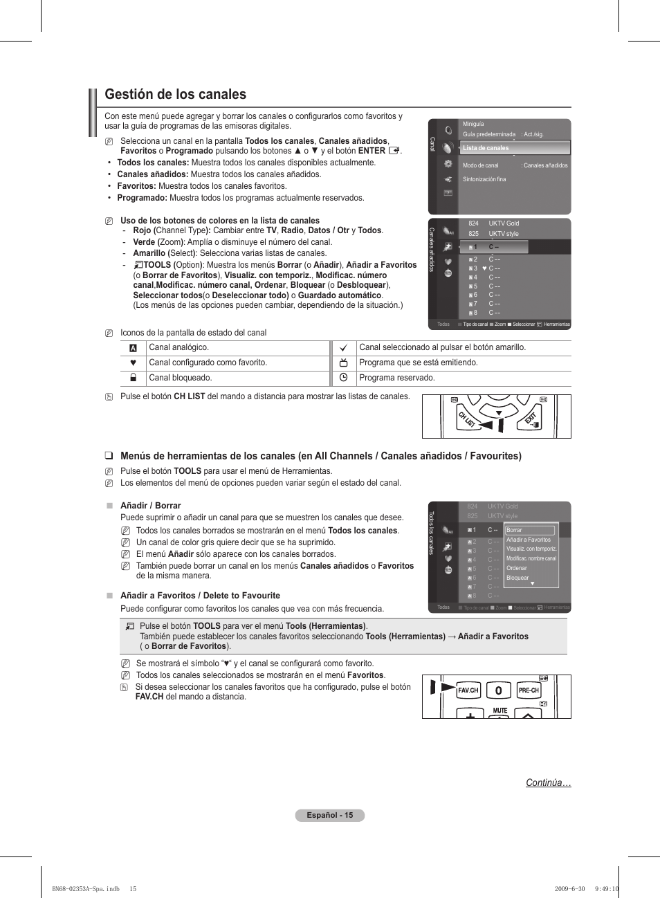 Gestión de los canales, Continúa | Samsung PS50B430P2W User Manual | Page 171 / 283