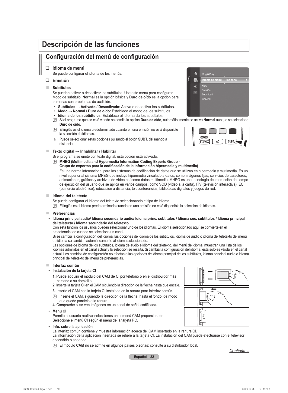 Descripción de las funciones, Configuración del menú de configuración | Samsung PS50B430P2W User Manual | Page 178 / 283