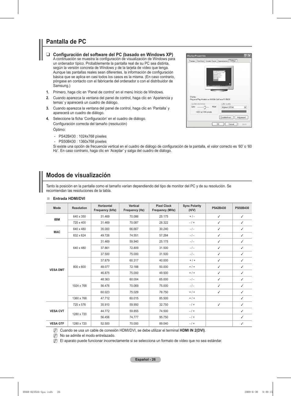 Modos de visualización, Pantalla de pc | Samsung PS50B430P2W User Manual | Page 182 / 283