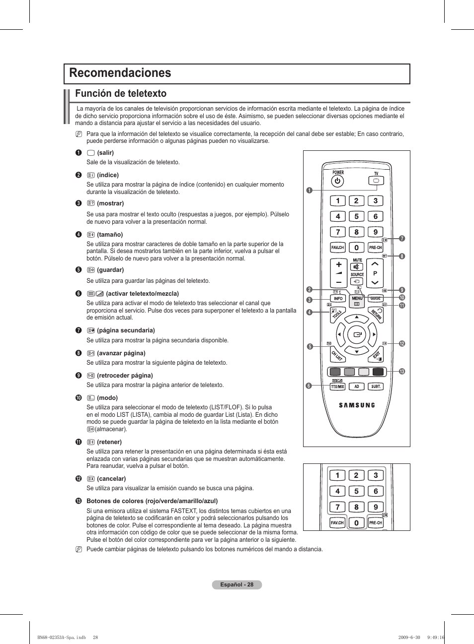 Recomendaciones, Función de teletexto | Samsung PS50B430P2W User Manual | Page 184 / 283