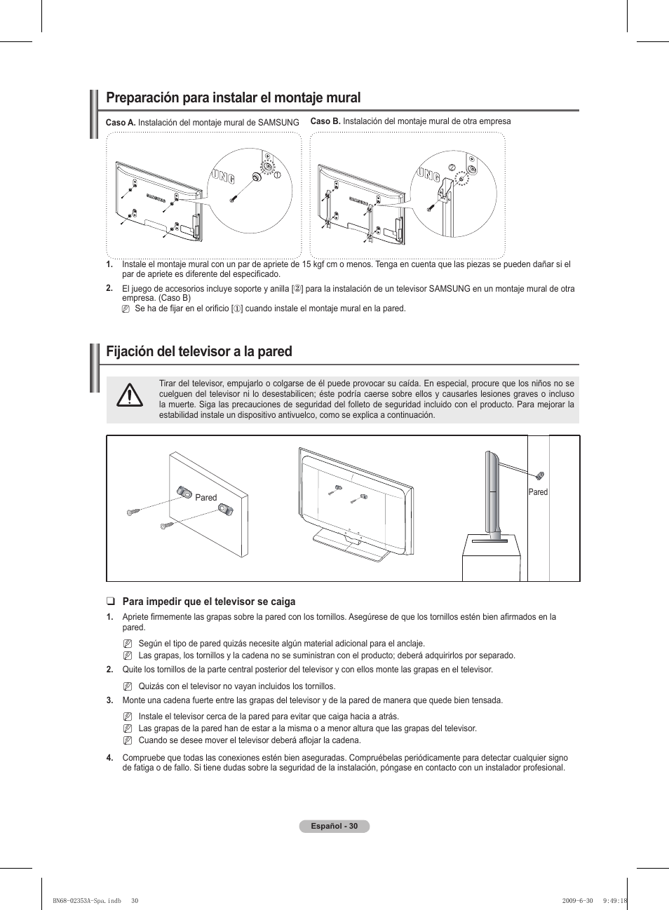 경고 주의 경고 주의, Preparación para instalar el montaje mural, Fijación del televisor a la pared | Samsung PS50B430P2W User Manual | Page 186 / 283