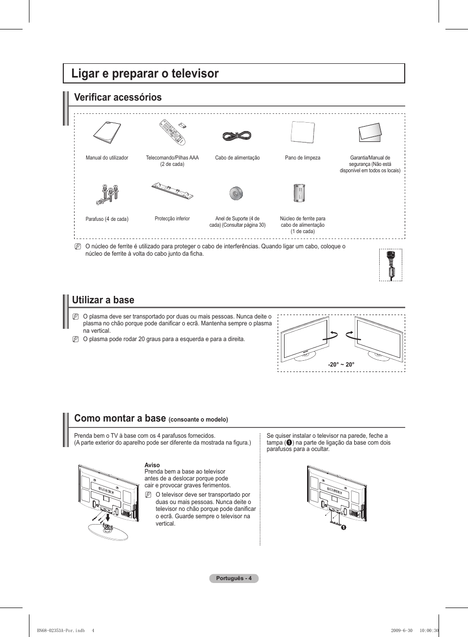 Ligar e preparar o televisor, Verificar acessórios, Utilizar a base | Como montar a base | Samsung PS50B430P2W User Manual | Page 191 / 283